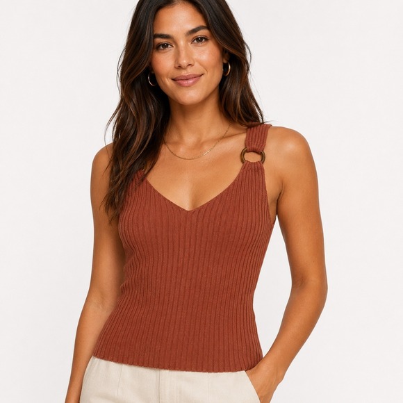 Club Monaco Tops - NWOT Club Monaco Ribbed Linen Blend V-Neck Tank Top Brown Ring Strap Medium